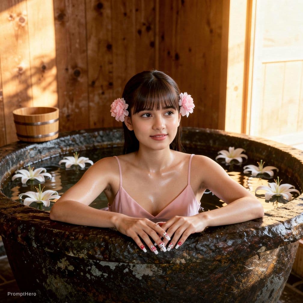 AI generated: A high-quality, photorealistic portrait of a beautiful young Asian woman soaking in a large, dark ru...