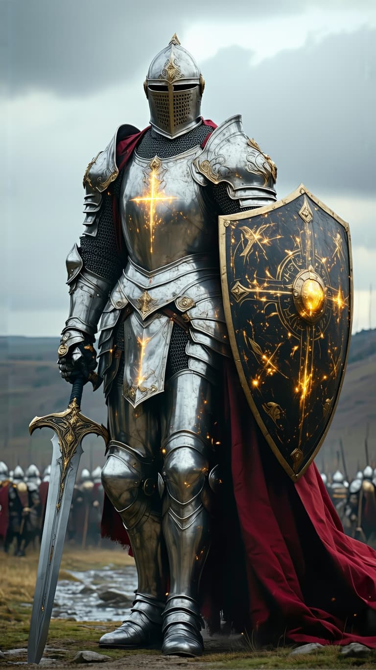 AI generated: An ultra-realistic, zoomed out, front facing, full-body portrait of a noble Paladin in gleaming silv...