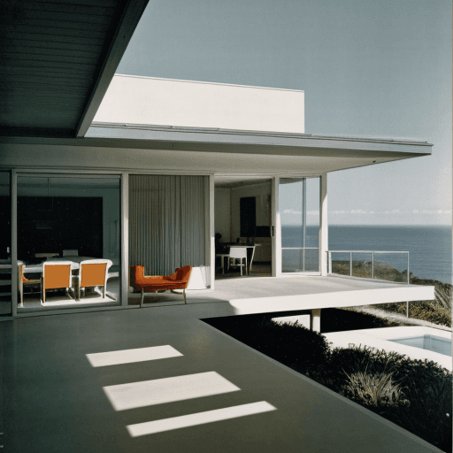 AI generated: Hyper realistic eye level exterior photo of a mid century modern style house overlooking the ocean, ...