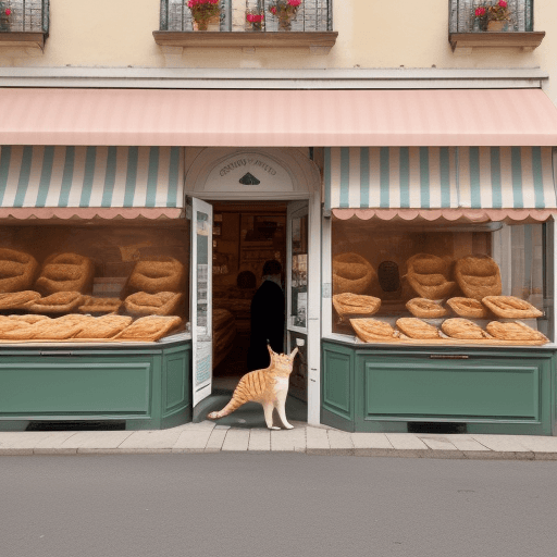 AI generated: A cute cat going to the boulangerie buying some croissants