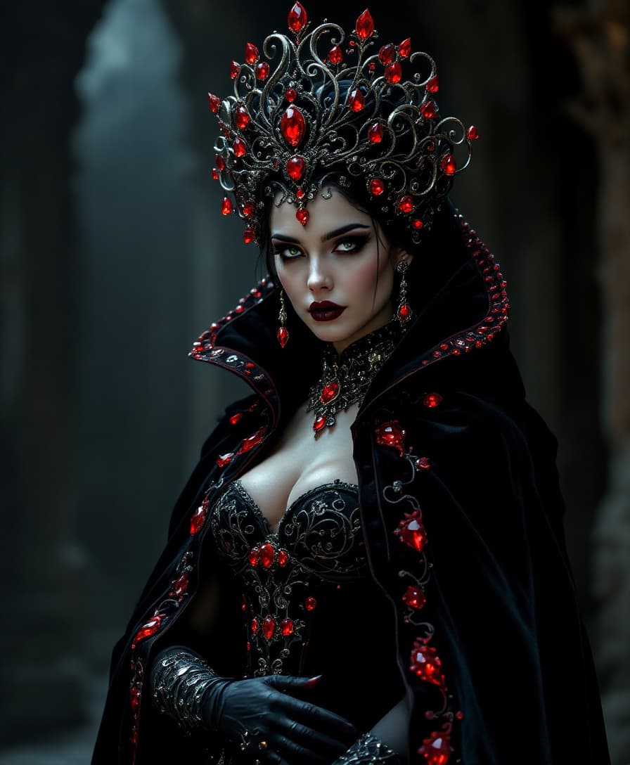 AI generated: Standing in the shadowy crypt, she embodies power and allure with her dark yet majestic presence. He...