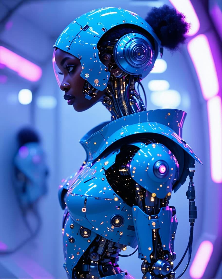 AI generated: CyborgGirl #FuturisticFashion #TechMeetsHuman #SciFiStyle #RobotChic #MetallicBeauty #AIArt #Futuris...