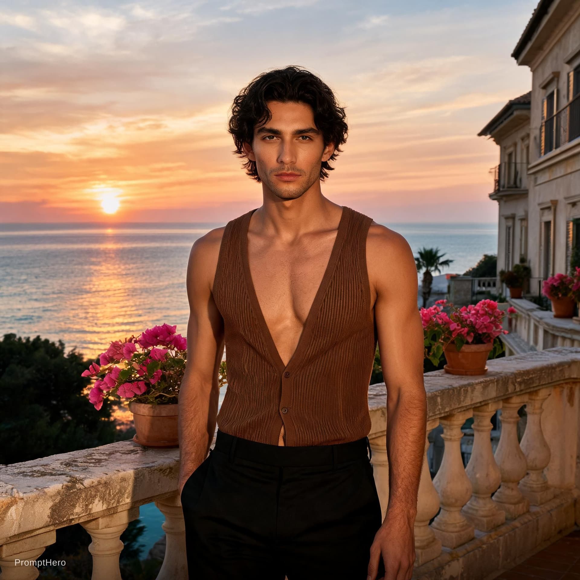 AI generated: A French Algerian male model with dark hair and light skin, wearing an open brown ribbed tank top an...