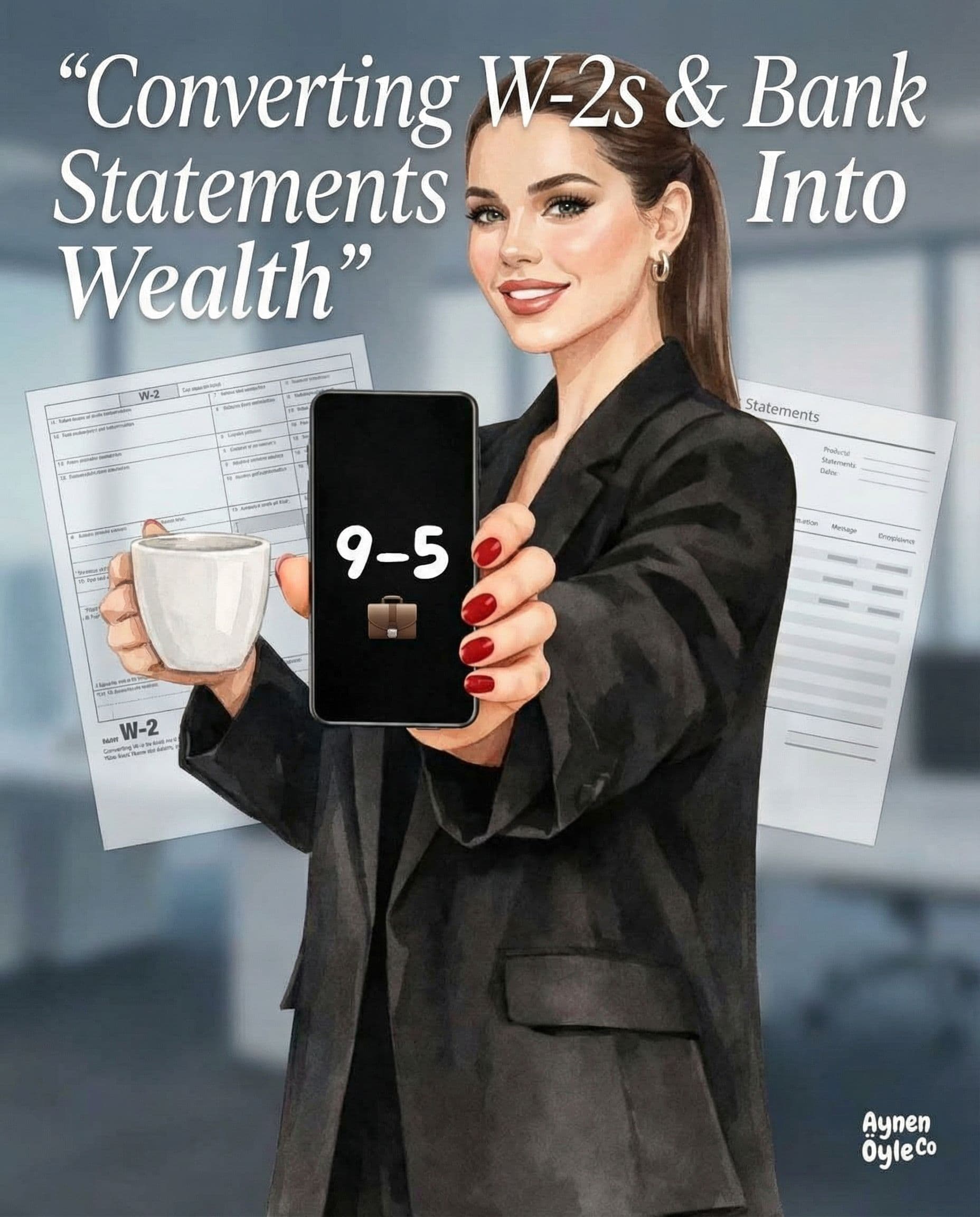 AI generated: A professional female mortgage advisor holding a smartphone that displays “9–5” with a work icon, ho...