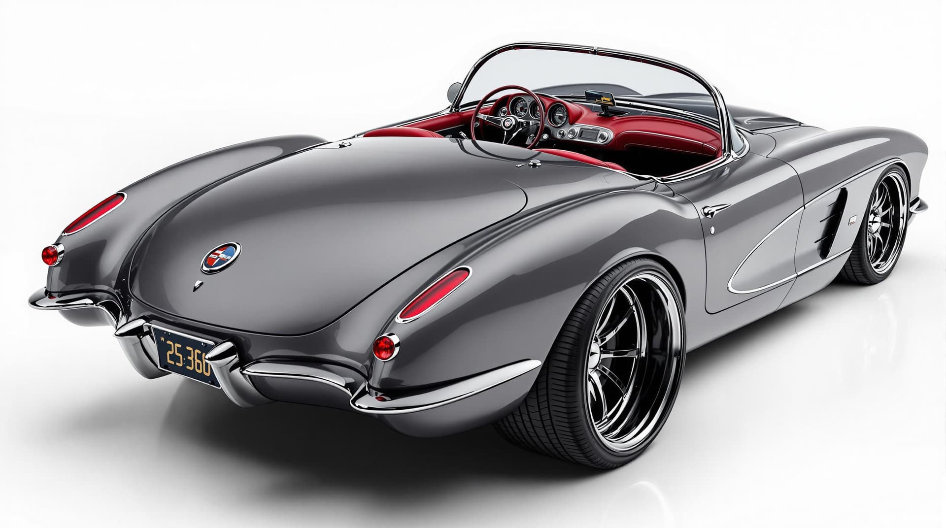 AI generated: Hyper realistic 1959 chevy corvette, rear top view, gray color, restomod with 20" deep dish wheels, ...