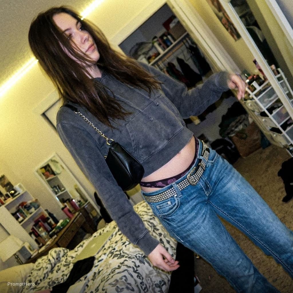 AI generated: a lo-fi 2015s-era, diagonally taken, low-quality iPhone photo of a 20-year-old baddie. The shot is i...