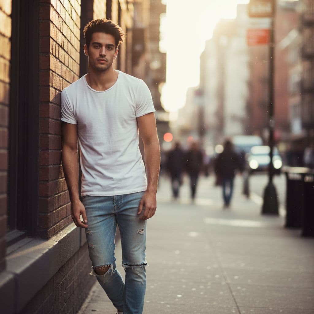 AI generated: a stylish young man with a lean, toned physique, brown eyes, black hair, casual wear, white T-shirt,...