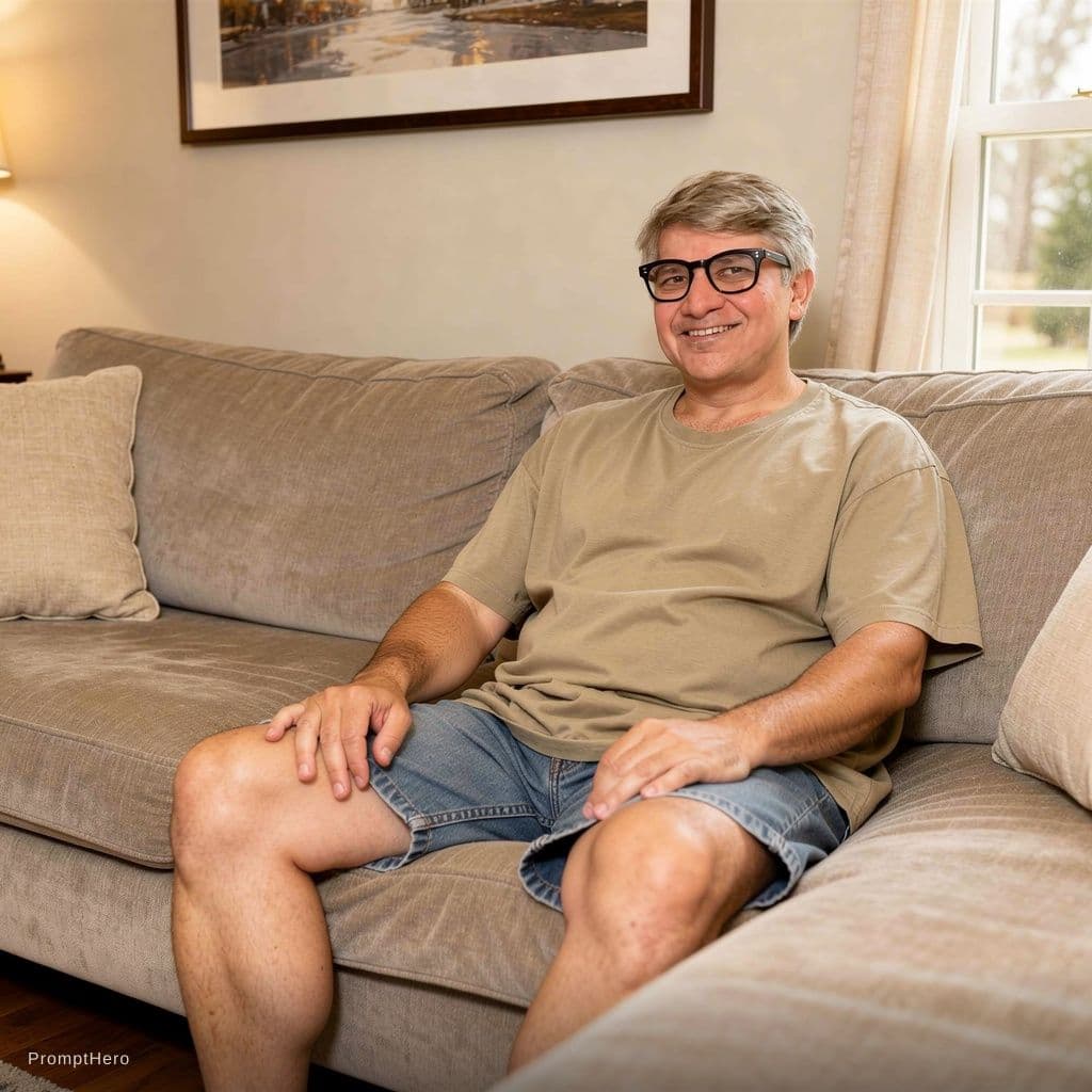 AI generated: Man in pic uploaded sitting in shorts and loose t shirt on a large sofa relaxing and waiting for his...