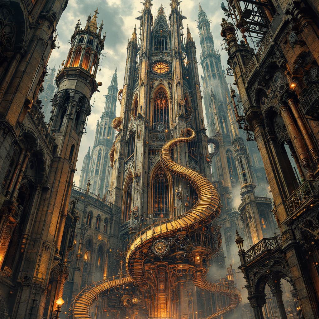 AI generated: 49.	towering gothic cathedral with moving mechanical parts, steampunk style --v 7 --style surreal ma...