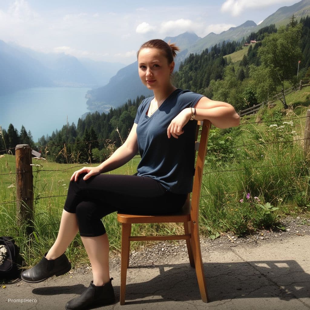 AI generated: The girl is completely naked. She is sitting on a chair. Her legs are spread wide apart. 