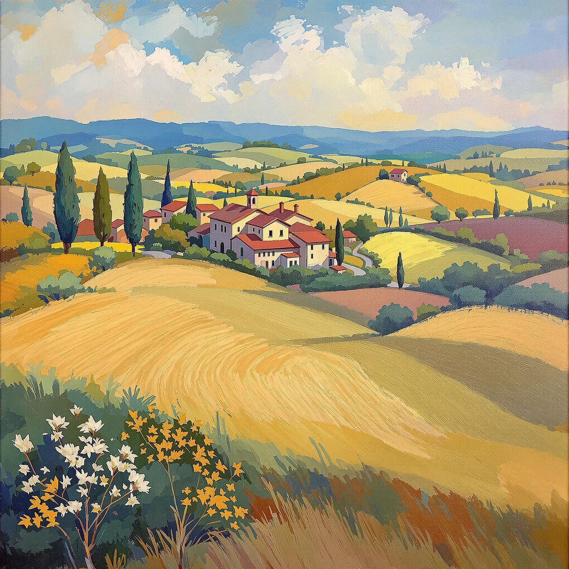 AI generated: impressionist painting on canvas of Tuscany, beautiful landscape with Tuscan farmhouse, in the style...