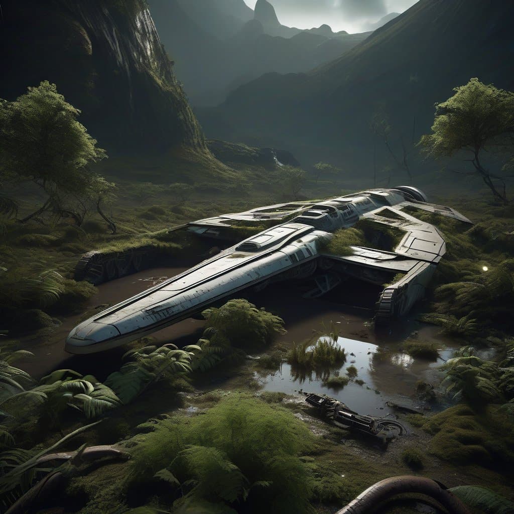 AI generated: highly detailed wreckage of mile-long ancient [horseshoe:spaceship:0.8] crash landed on alien planet...
