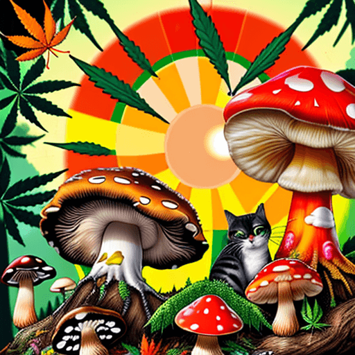 AI generated: colorful mushrooms, marijuana leafs, trees, happy sun, clear sky, colorful birds, colorful, high res...