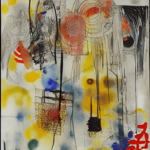 AI generated: Robert Rauschenberg japanese art nouveau WATERCOLOUR AND INK YOSHITAKA AMANO abstract, complex lines...