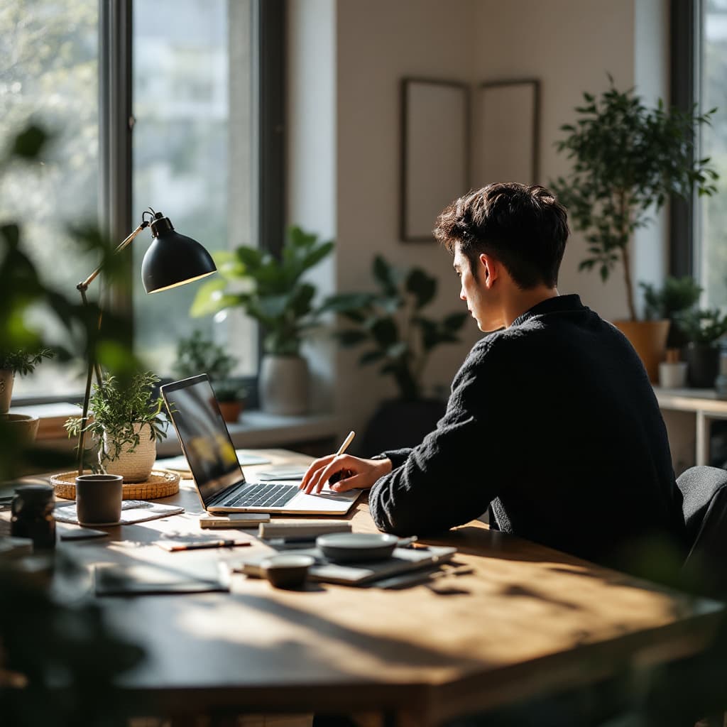 AI generated: modern, minimalist workspace, focused designer korea hansome young man silhouete at a woodstyle desk...