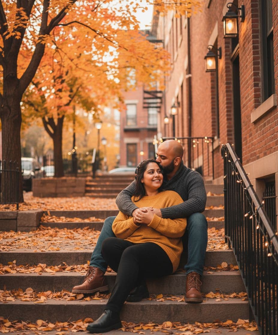 AI generated: A romantic couple (attached image as reference) sitting on outdoor stairs in autumn. The man, wearin...