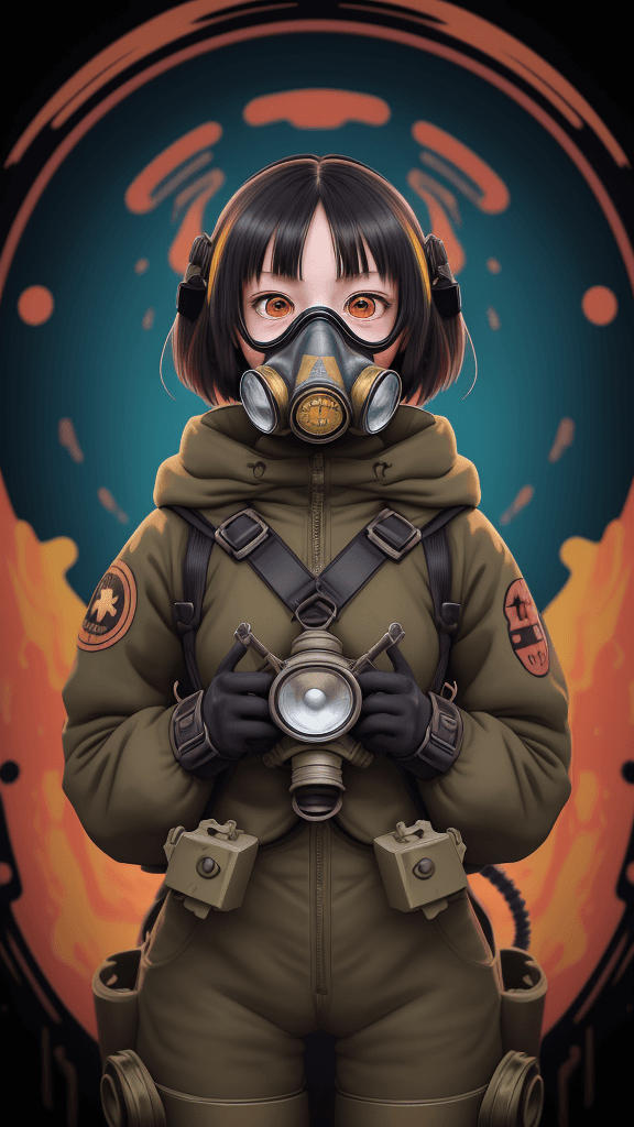 AI generated: complex background portrait of little  Human woman. Wearing a gas mask. Prominent eyes, complex back...