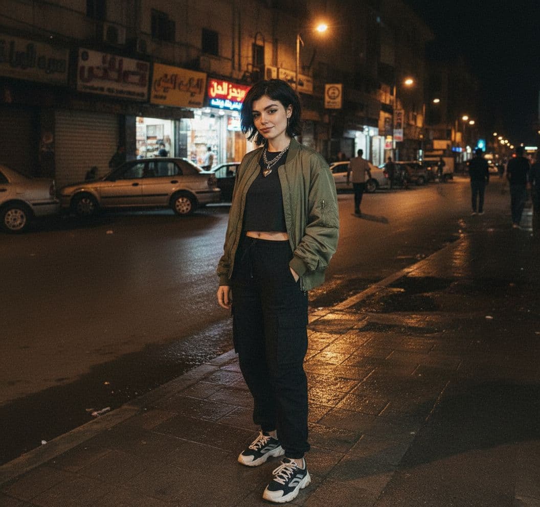 AI generated: “Nighttime street photo standing casually on a sidewalk in Alexandria, Egypt.
She wears relaxed str...