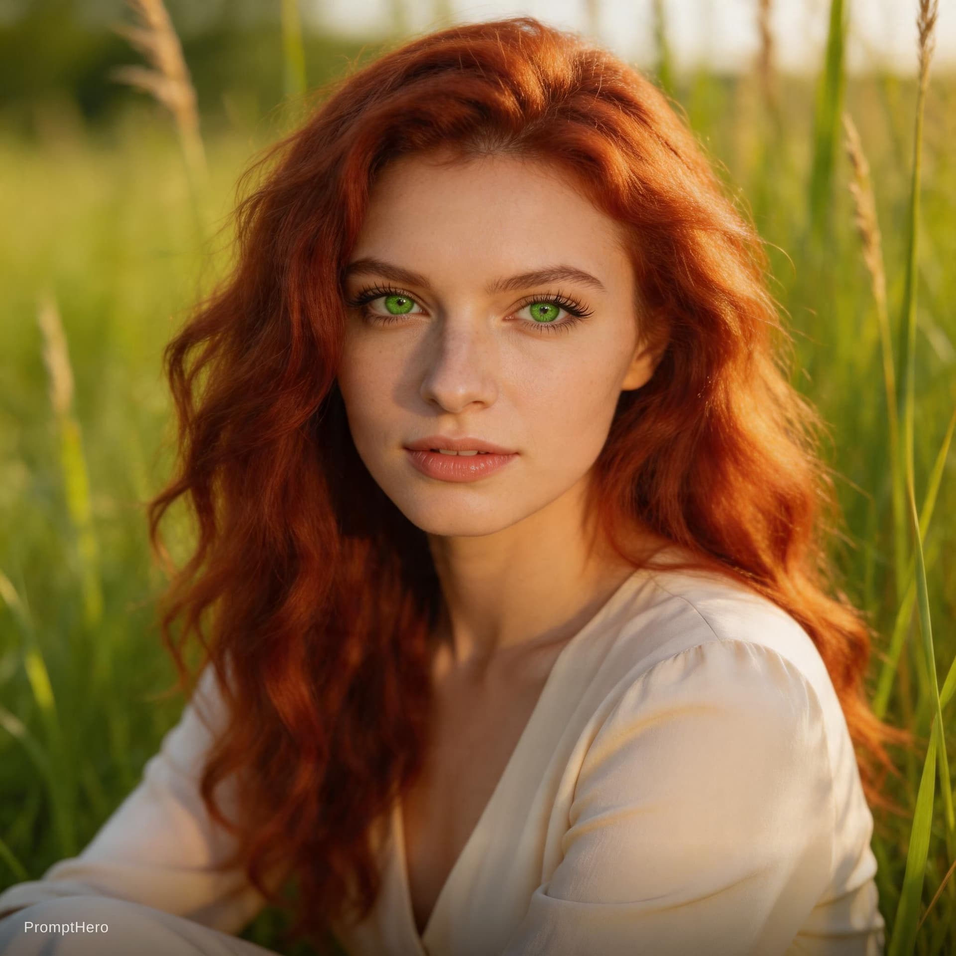 AI generated: A photorealistic portrait of a woman with vibrant, fiery red, wavy hair, seated in a field of tall g...