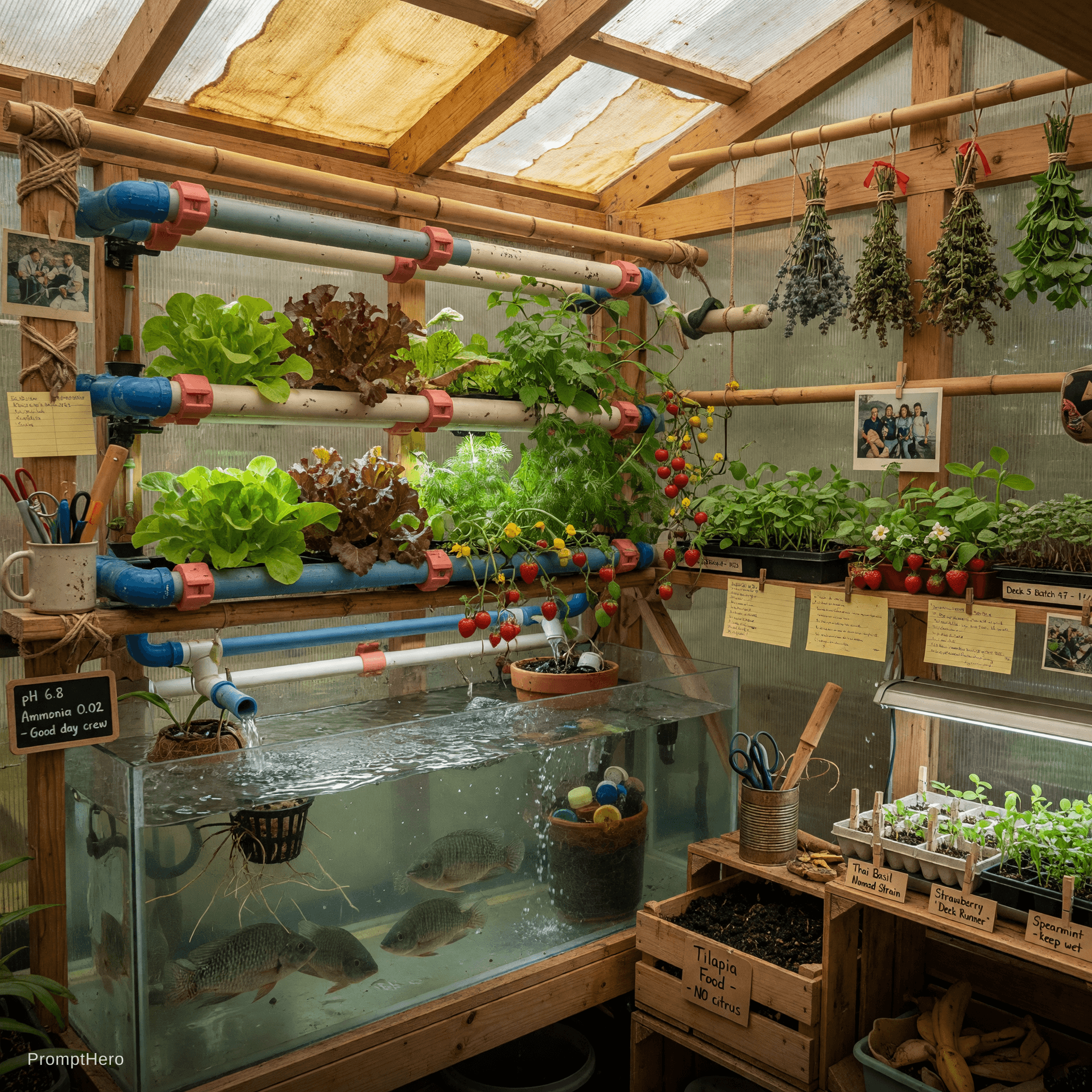 AI generated: Warm and detailed interior close-up of the self-sufficient Aquaponics Greenhouse on Projekt Nomad De...