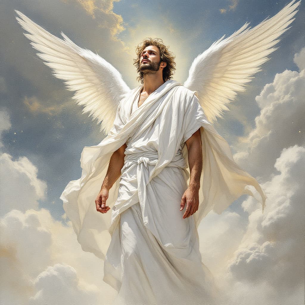 AI generated: an artist's drawing of a male masculine, strong angel with pure white robe standing in the sky with ...