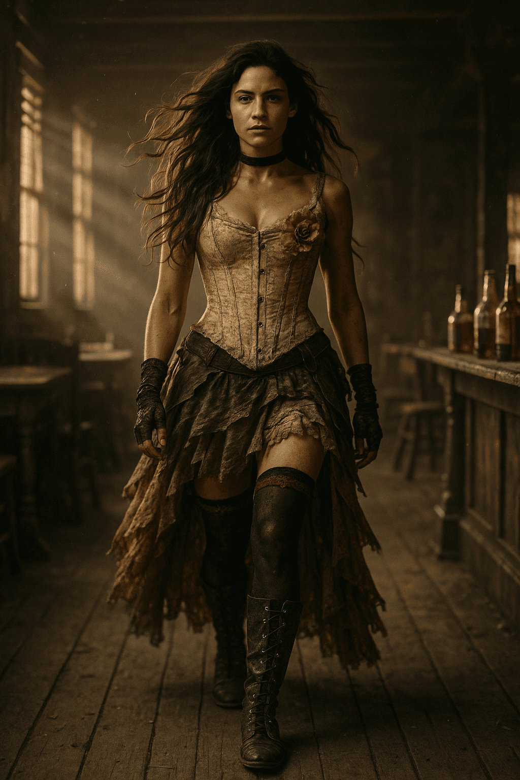 AI generated: A cinematic scene of a fierce, confident woman in a post-apocalyptic Western saloon setting, wearing...