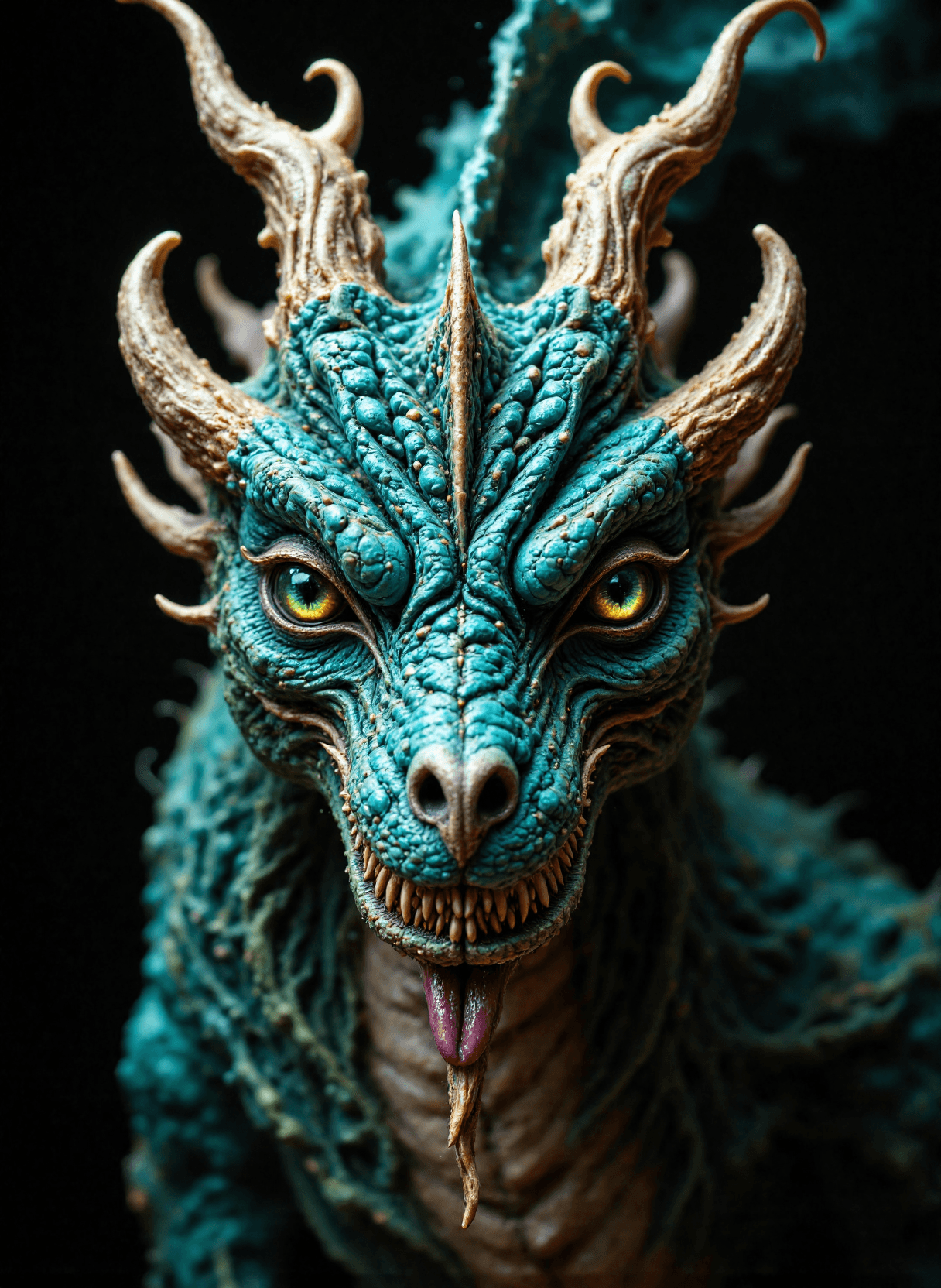 AI generated: The image depicts a highly detailed and intricately designed closeup of a dragon head. The dragon's ...