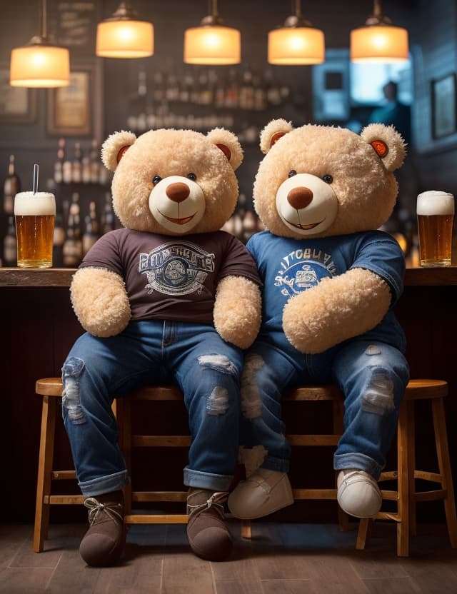 AI generated: two big size realistic fluffy anthropomorphic teddy bears wearing a t-shirt and jeans Shorts sitting...