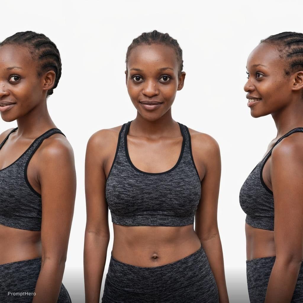 AI generated: a black woman wearing sports bra and matching leggings. The backdrop is white.