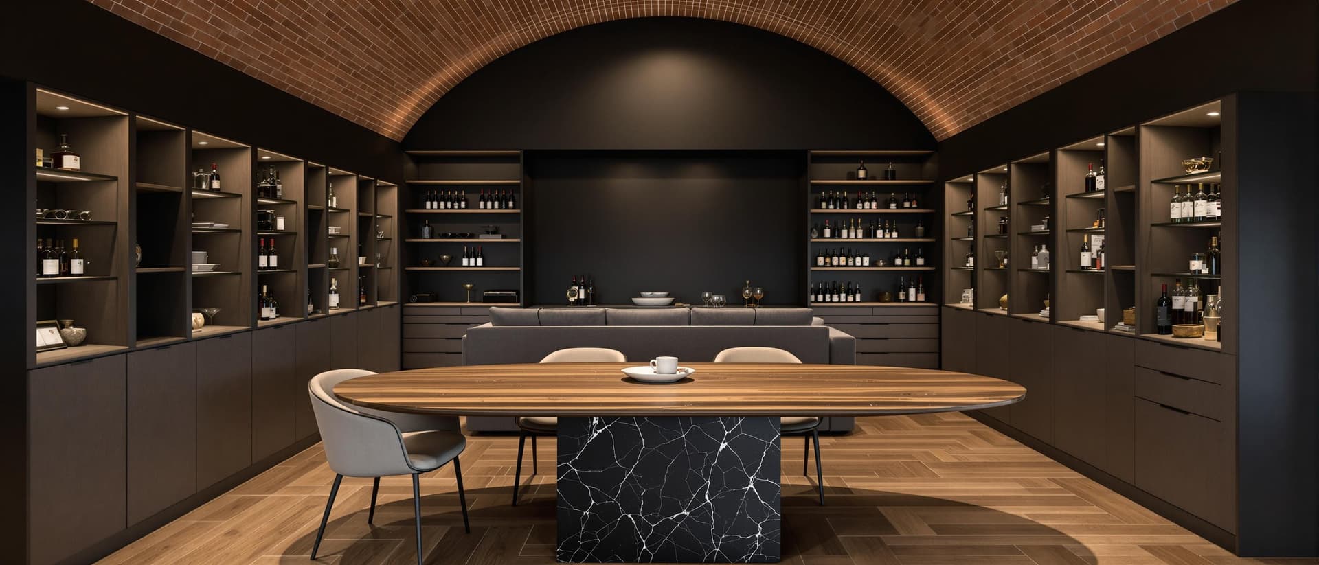 AI generated: A modern and contemporary wine cellar with walnut wood strip flooring and a light brick vaulted ceil...