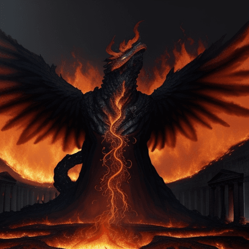 AI generated: A giant vine, surrounded by fire in an ancient roman city with a massive shadow of a cloaked giant m...