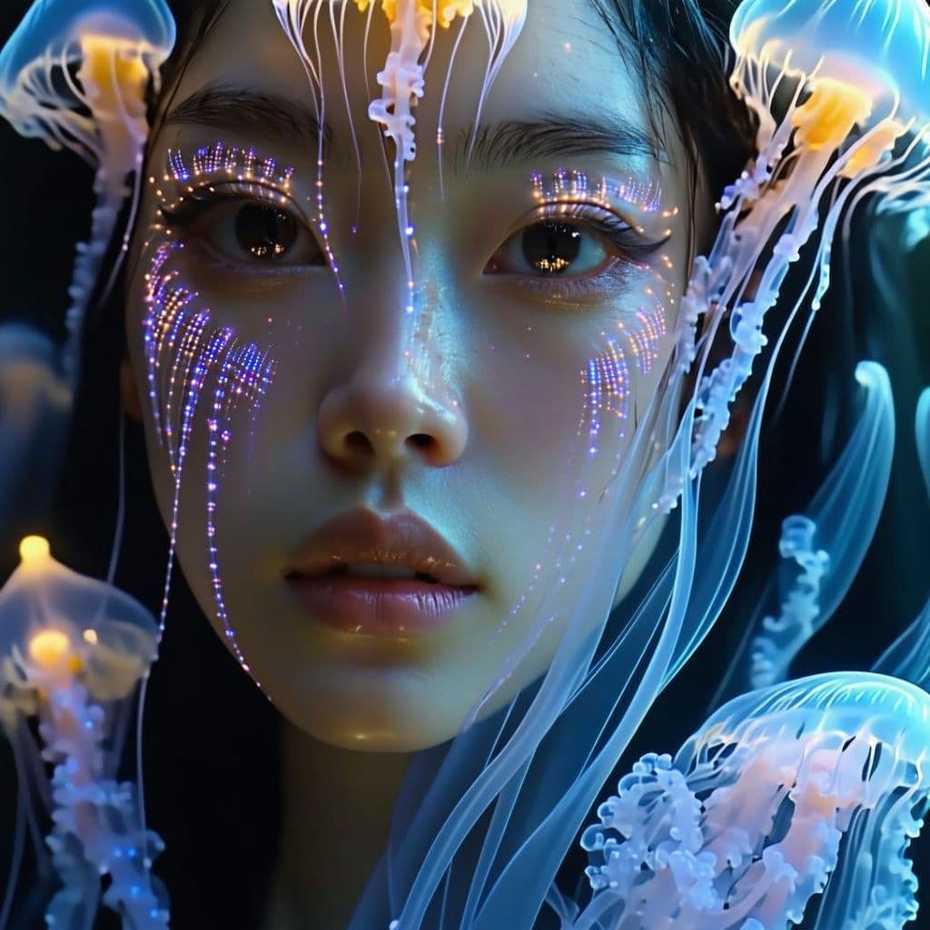 AI generated: Goddess close-up portrait ribcagel. jellyfish phoenix head, nautilus, orchid, skull, betta fish, bio...
