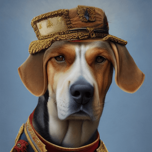 AI generated: portrait of stoic looking beagle dog, pepper and salt, the Russian empire military uniform, blue fir...