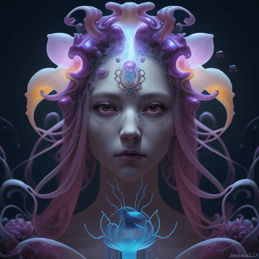 AI generated: Goddess close-up portrait ribcagel. jellyfish phoenix head, nautilus, orchid, skull, betta fish, bio...