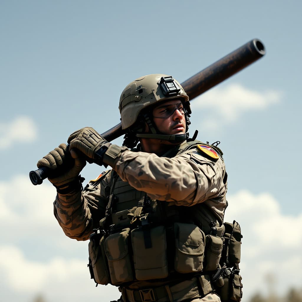 AI generated: american soldier swinging his rifle by the barrel like a baseball bat
