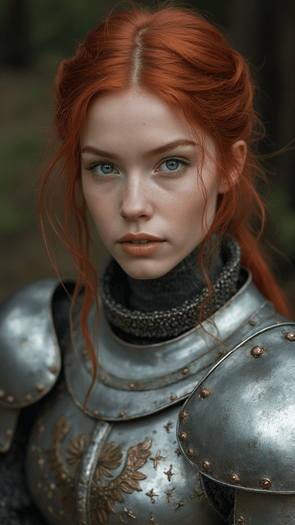 AI generated: portrait of a female in silver medieval armor, fine realistic crimson red hair, attractive, looking ...