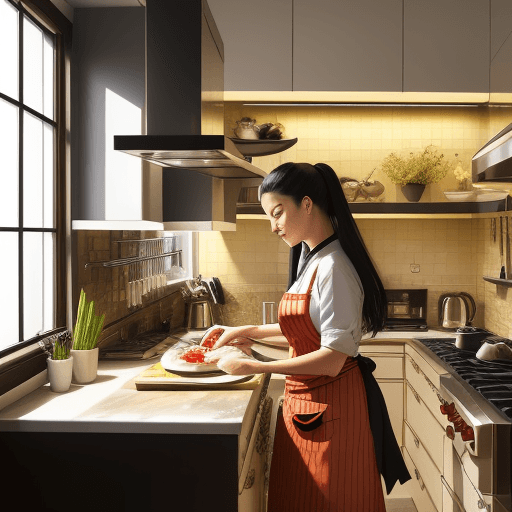 AI generated: In a modern, well-lit kitchen, this young woman is preparing a meal that's a fusion of her diverse b...