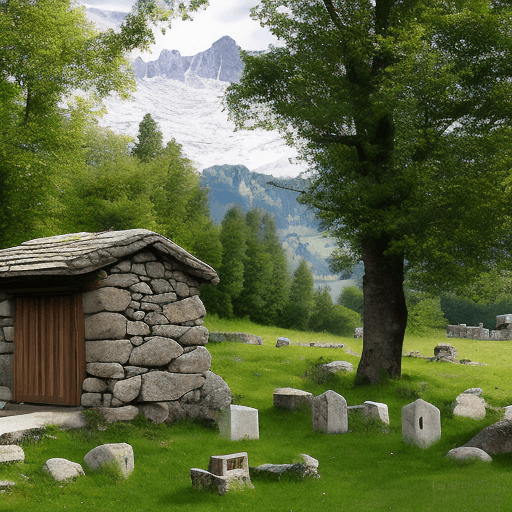 AI generated: a stone hut, without windows, with a wooden roof in a meadow near the woods of the Alps. inside the ...
