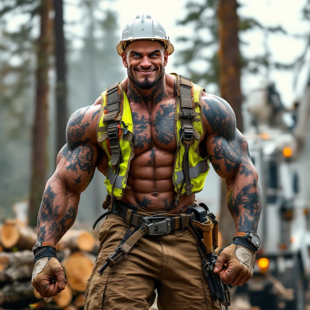 AI generated: Distant view full body head to toe image, lean muscle, thin chiseled face, big cheesy grin, flexing ...