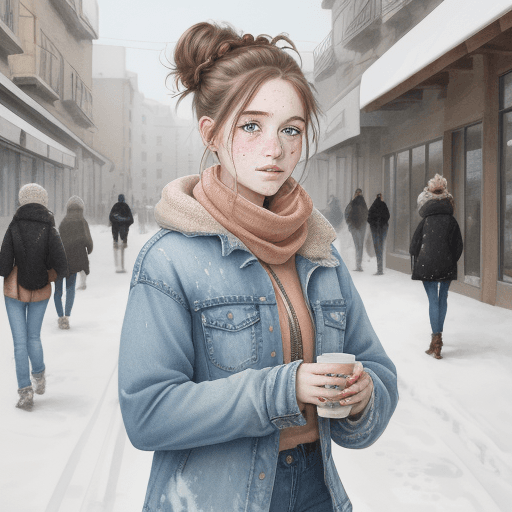 AI generated: "A water-color painting of a beautiful young freckles woman. Messy bun hair style, street outdoor se...