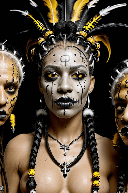AI generated: Three voodoo priests, two male, one female,  close up, all three visible, faces painted white and bl...
