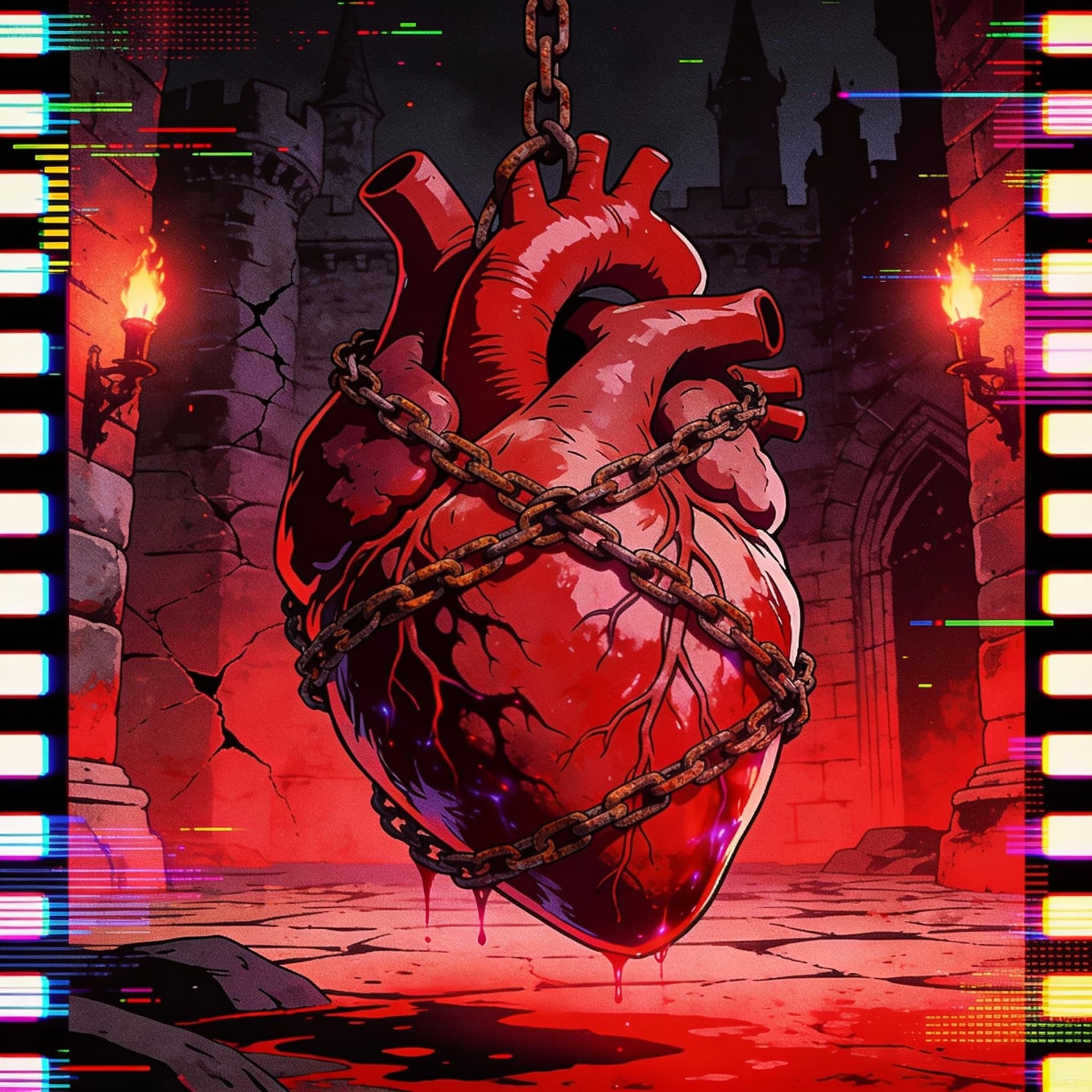 AI generated: Retro 90s anime style, VHS grain filter, crimson red dominant palette, gothic vampiric theme, human ...