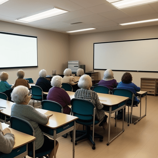 AI generated: Photo of a wide shot of a classroom with a young female professor standing in front of 15 older adul...