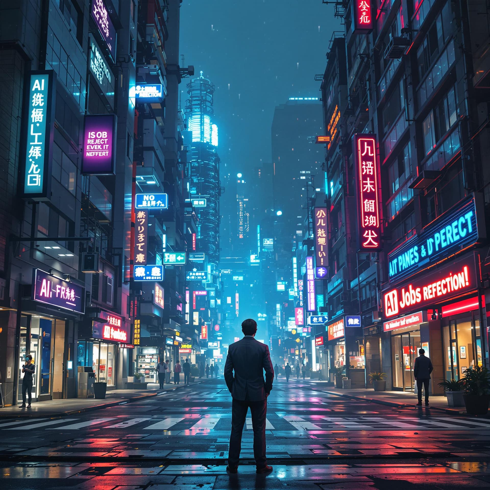 AI generated: A dystopian futuristic city where AI-powered robots and machines have taken over all jobs. Empty off...
