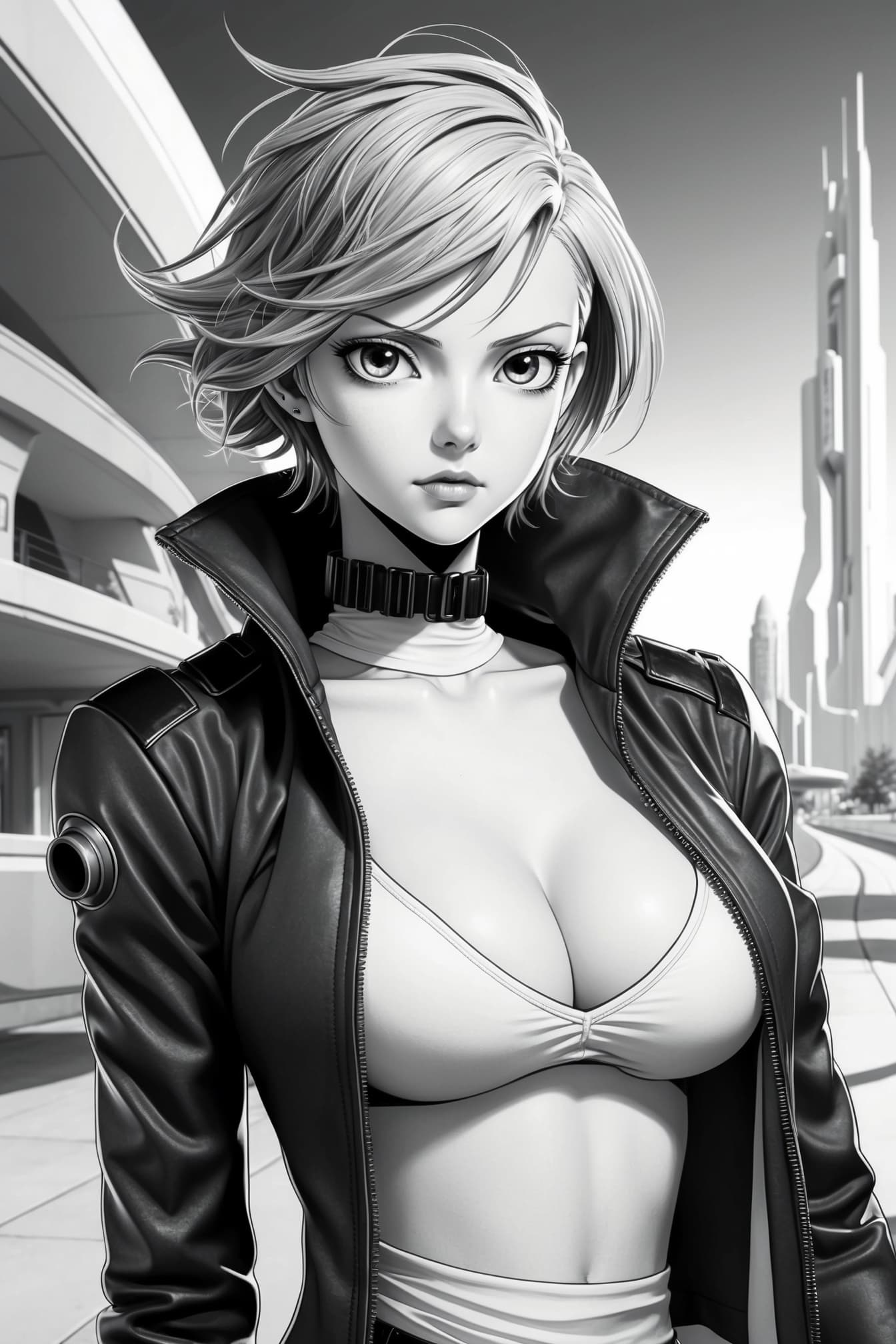 AI generated: Black and white anime-style illustration featuring a female character with a serious expression. She...