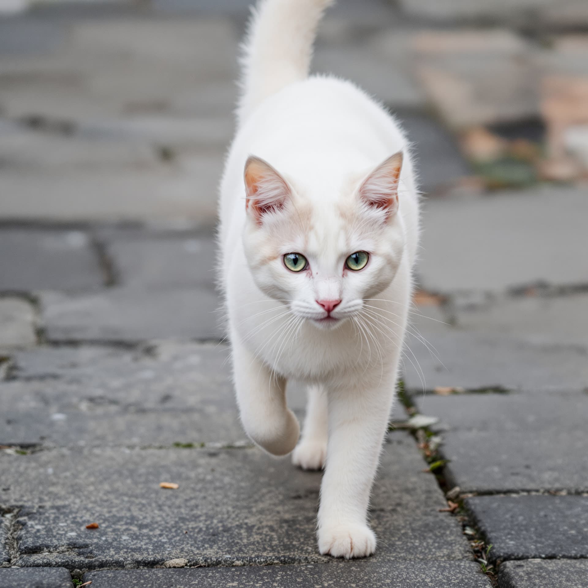 AI generated: a cute white cat walking on street