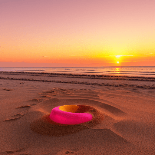AI generated: sunny beach during a vibrant sunset with hues of orange, gold, and pink. A golden saxophone is parti...