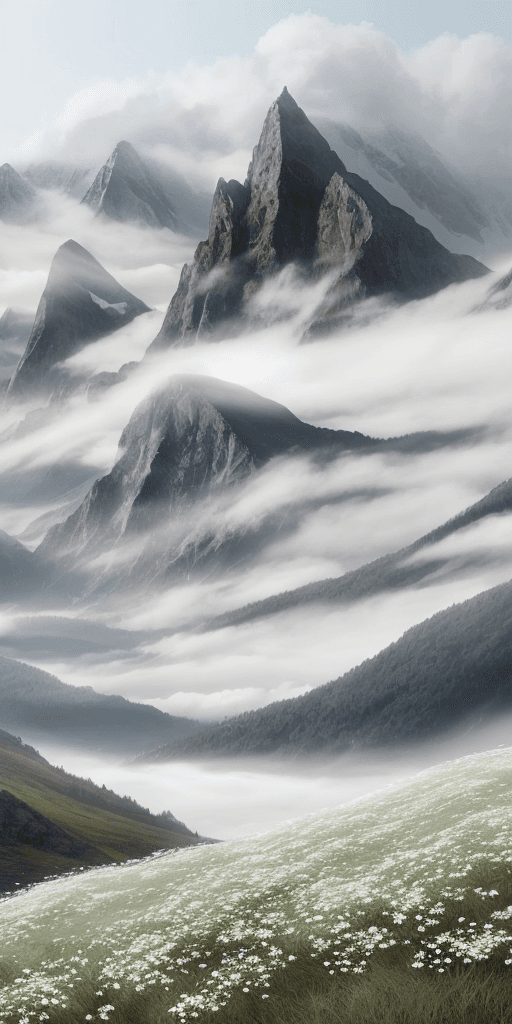 AI generated: Mountains with fog and small white flowers, graphic
