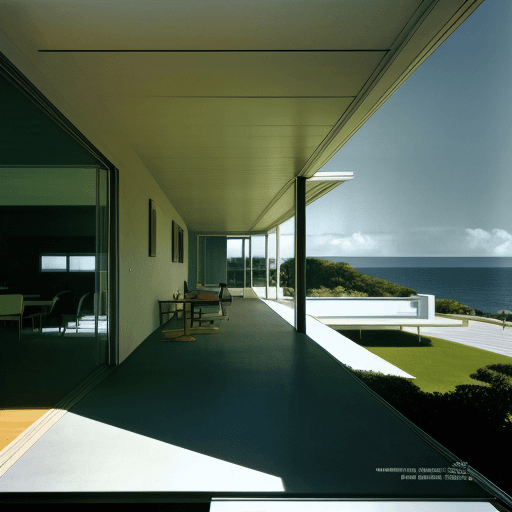 AI generated: Hyper realistic eye level exterior photo of a mid century modern style house overlooking the ocean, ...