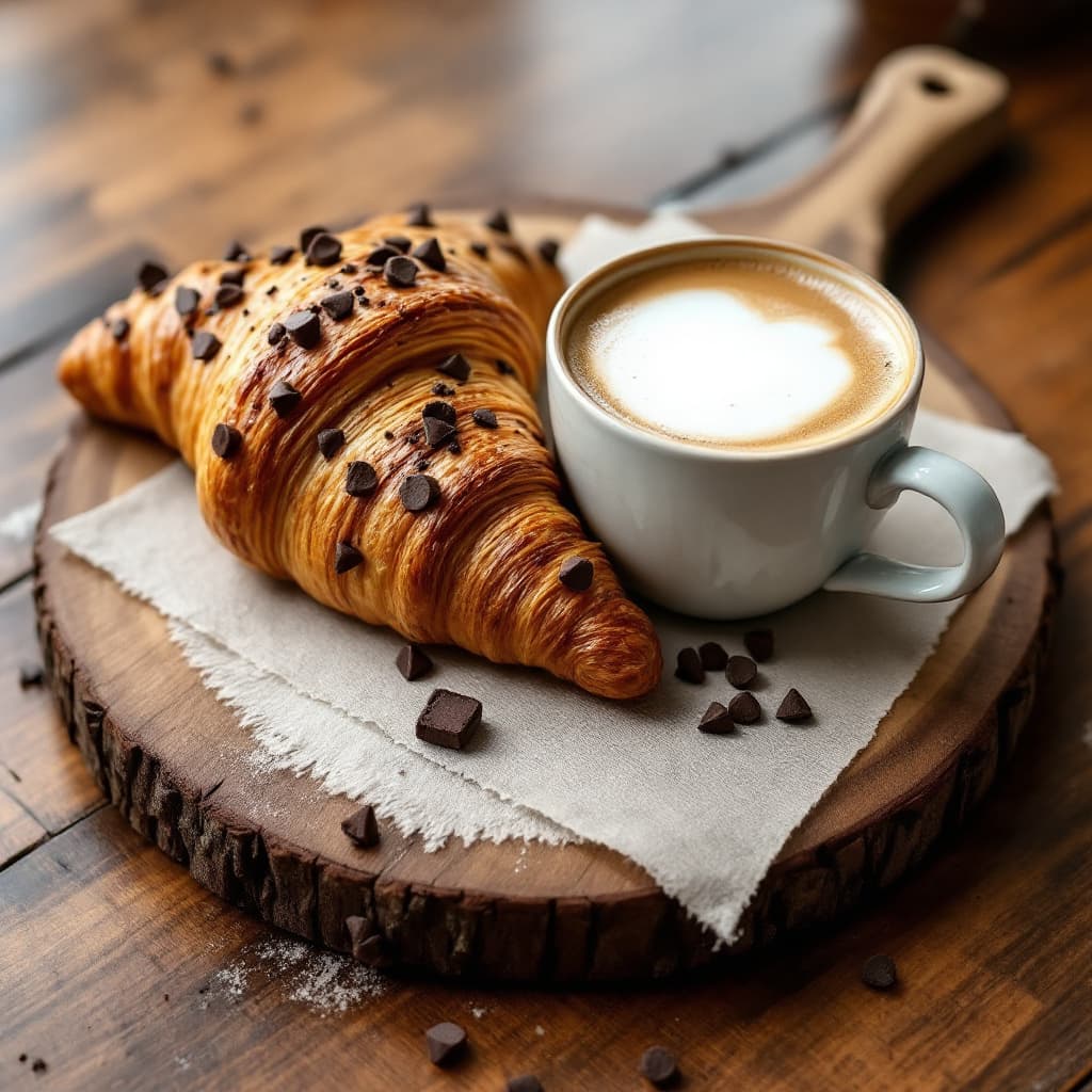 AI generated: breakfast consisting of a chocolate chipped croissant, a cup of coffee with foam on a wooden plank. ...
